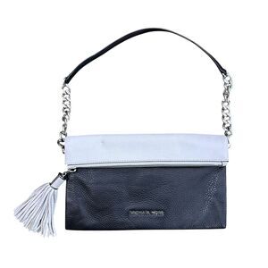 Michael Kors Tonne Black White Silver Pebble Leather Foldover Clutch Bag Tassel